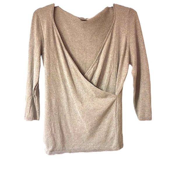 Ann‎ Taylor Metalic Shimmer Silk Gray Crossover Quarter Sleeve Wrap Sweater M - Picture 1 of 5